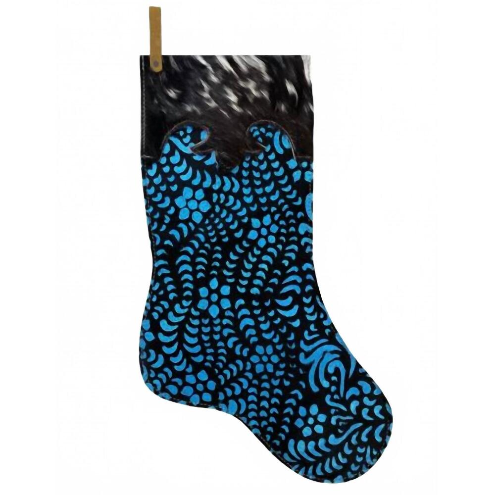 NEW SHOWMAN glitter cowhide christmas stocking in blue metallic